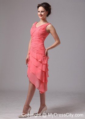 Watermelon Ruching V-neck Cocktail Dress with Zipper up Back