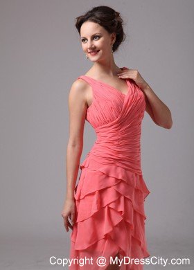 Watermelon Ruching V-neck Cocktail Dress with Zipper up Back