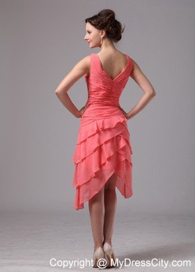 Watermelon Ruching V-neck Cocktail Dress with Zipper up Back