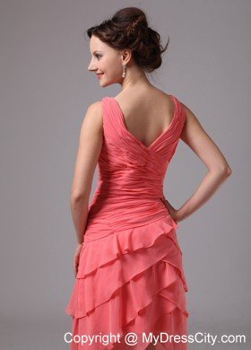 Watermelon Ruching V-neck Cocktail Dress with Zipper up Back