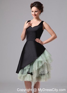 Black Straps Knee-length Cocktail Dress with Asymmetrical Ruffles