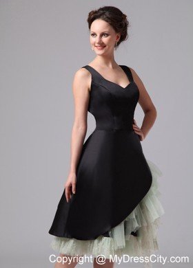 Black Straps Knee-length Cocktail Dress with Asymmetrical Ruffles