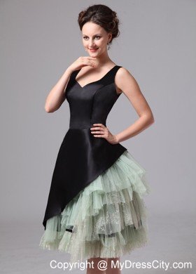 Black Straps Knee-length Cocktail Dress with Asymmetrical Ruffles