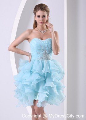 Light Blue Pleated Sweetheart Flouncing Cocktail Dress