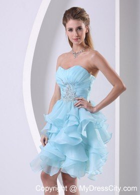 Light Blue Pleated Sweetheart Flouncing Cocktail Dress