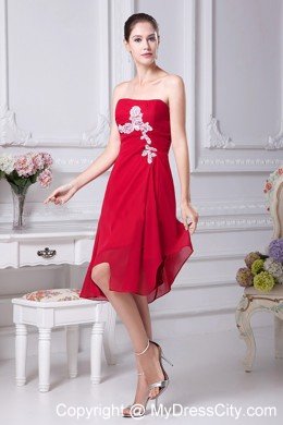 Strapless Red Chiffon Asymmetric Cocktail Dress with Appliques