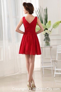 Red V-neck Cocktail Dress With Mini-length and Ruffles