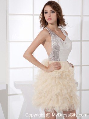 Silver and Champagne Sequin and Organza Cocktail Dress with Ruffles