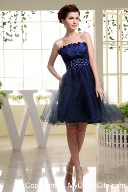 Navy Blue Strapless Curly Neck Beaded Organza Short Cocktail Dress