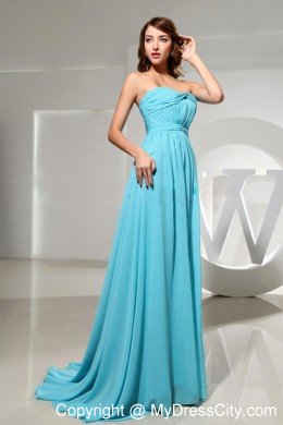 Strapless Ruche Blue Chiffon Back Out Cocktail Dress With Brush Train