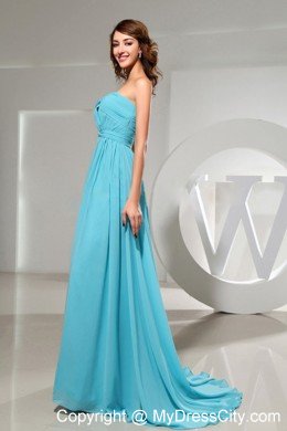 Strapless Ruche Blue Chiffon Back Out Cocktail Dress With Brush Train