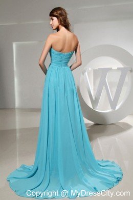 Strapless Ruche Blue Chiffon Back Out Cocktail Dress With Brush Train