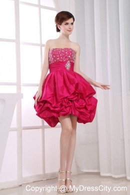 Strapless Beaded Puffy Bottom Hot Pink Taffeta Mini-length Cocktail Dress