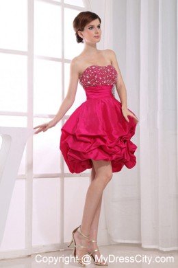 Strapless Beaded Puffy Bottom Hot Pink Taffeta Mini-length Cocktail Dress