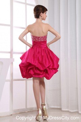 Strapless Beaded Puffy Bottom Hot Pink Taffeta Mini-length Cocktail Dress