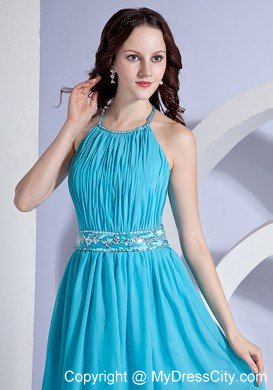 Halter Beading and Ruching Aqua Blue Chiffon Knee-length Cocktail Dress