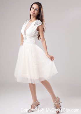 Sexy Scoop Neck Beading Tea-length Tulle White Cocktail Party Dresses