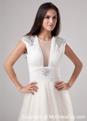 Sexy Scoop Neck Beading Tea-length Tulle White Cocktail Party Dresses