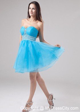 Sweetheart Mini-length Organza Blue Prom Cocktail Dresses with Beading