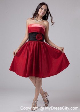 Hand Made Flowers Strapless Knee-length Taffeta Wine Red Cocktail Dresses