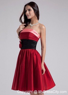 Hand Made Flowers Strapless Knee-length Taffeta Wine Red Cocktail Dresses