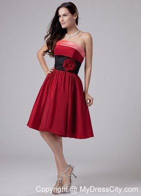 Hand Made Flowers Strapless Knee-length Taffeta Wine Red Cocktail Dresses