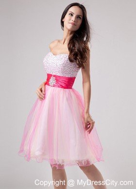 Beading Strapless Organza Mini-length Layers Pink Prom Cocktail Dress