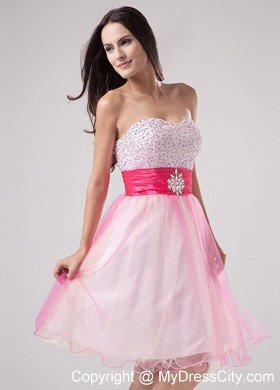 Beading Strapless Organza Mini-length Layers Pink Prom Cocktail Dress