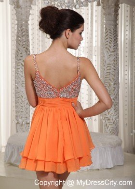 Spaghetti Straps Beaded Chiffon Back Out Mini-length Cocktail Dress