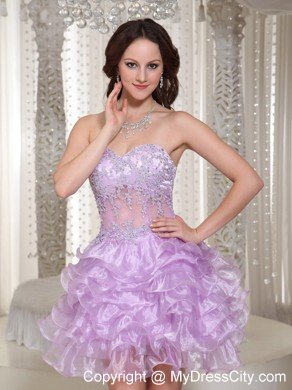 Beaded Ruffleed Lilac Cocktail Dress with Sweetheart and Appliques