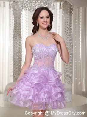 Beaded Ruffleed Lilac Cocktail Dress with Sweetheart and Appliques