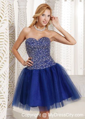 Blue Beaded Sweetheart Tulle Knee-length Back Out Cocktail Dresses