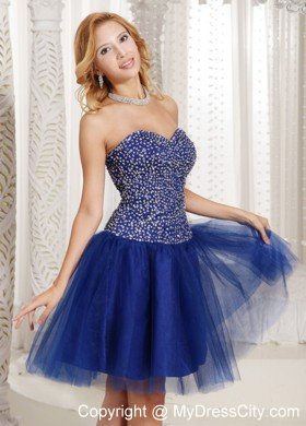 Blue Beaded Sweetheart Tulle Knee-length Back Out Cocktail Dresses