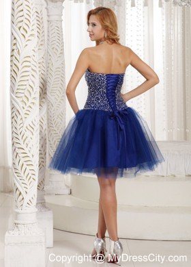 Blue Beaded Sweetheart Tulle Knee-length Back Out Cocktail Dresses