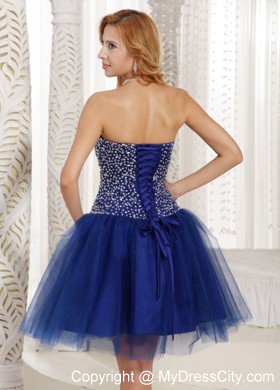 Blue Beaded Sweetheart Tulle Knee-length Back Out Cocktail Dresses