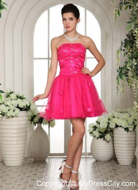 Appliques and Beading Strapless Mini-length Hot Pink Short Cocktail Dress