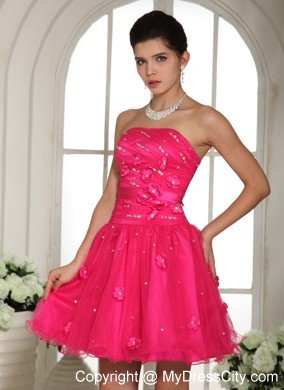 Appliques and Beading Strapless Mini-length Hot Pink Short Cocktail Dress