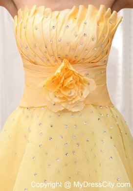 Hand Made Flower Light Yellow Strapless Beaded Short Cocktail Dress