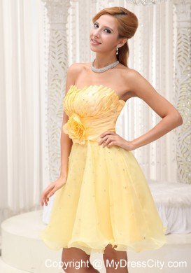 Hand Made Flower Light Yellow Strapless Beaded Short Cocktail Dress