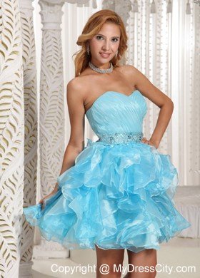 Aque Blue Ruffles Ruched and Beading Mini-length Prom Cocktail Dress