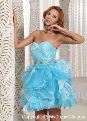 Aque Blue Ruffles Ruched and Beading Mini-length Prom Cocktail Dress