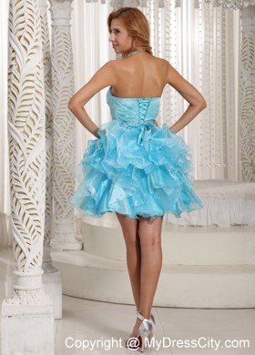 Aque Blue Ruffles Ruched and Beading Mini-length Prom Cocktail Dress