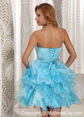 Aque Blue Ruffles Ruched and Beading Mini-length Prom Cocktail Dress