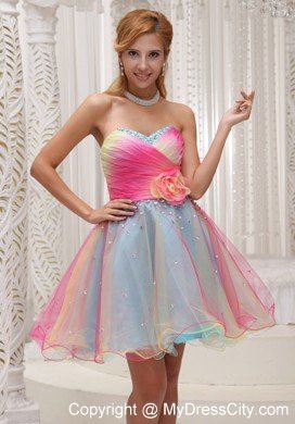 Colorful Hand Made Flower Sweetheart Beaded Ruched organza Cocktail Dress