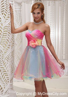 Colorful Hand Made Flower Sweetheart Beaded Ruched organza Cocktail Dress