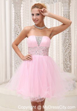 Baby Pink Strapless Beaded Organza Layered Mini-length Cocktail Dress