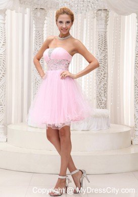 Baby Pink Strapless Beaded Organza Layered Mini-length Cocktail Dress