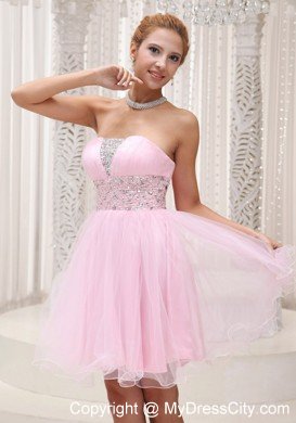 Baby Pink Strapless Beaded Organza Layered Mini-length Cocktail Dress