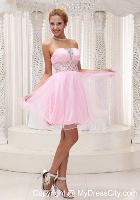 Baby Pink Strapless Beaded Organza Layered Mini-length Cocktail Dress