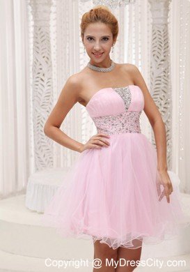 Baby Pink Strapless Beaded Organza Layered Mini-length Cocktail Dress